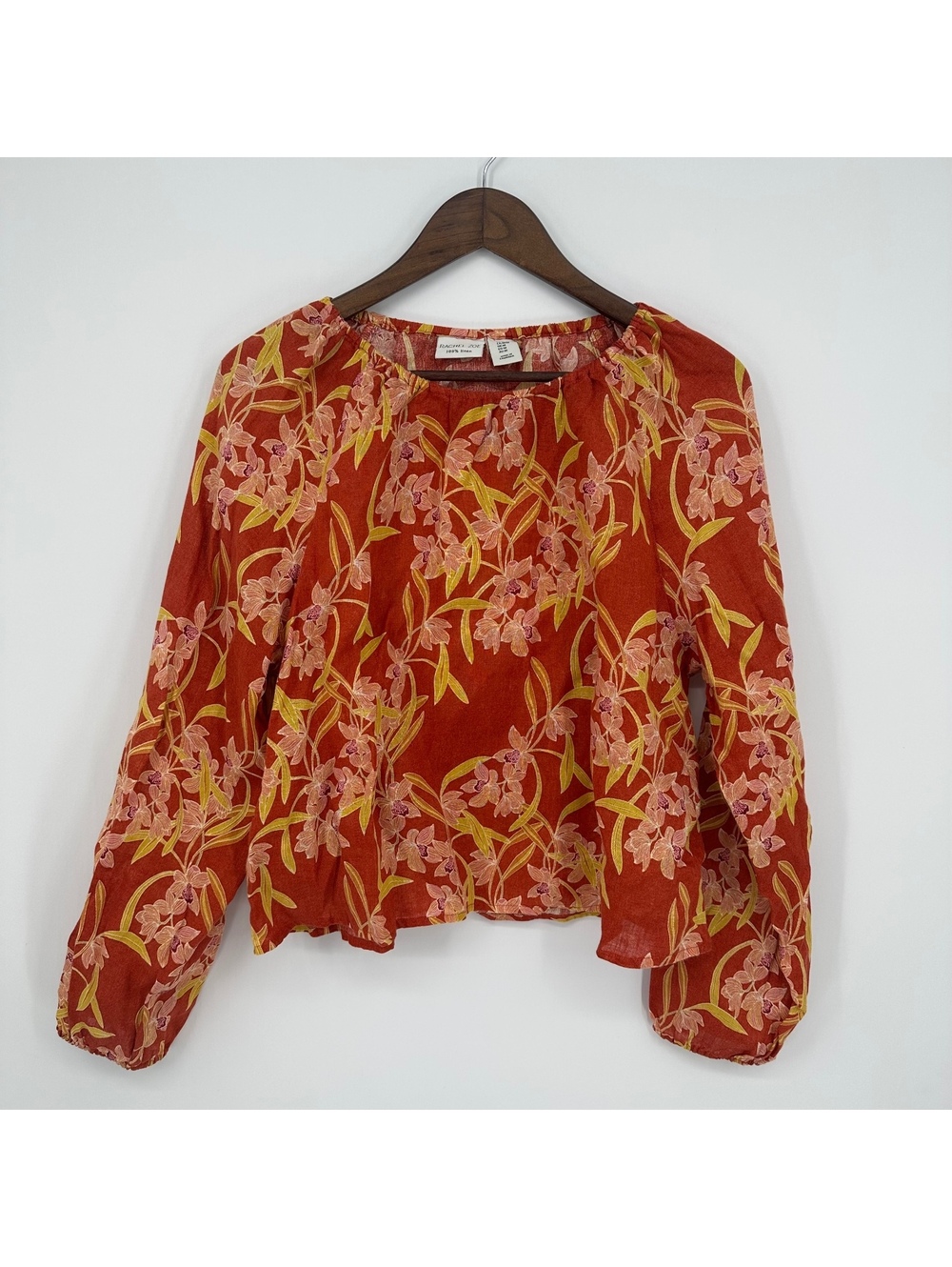 100% Linen Floral Boho Peasant Blouse Oversized Orange Rachel Zoe M